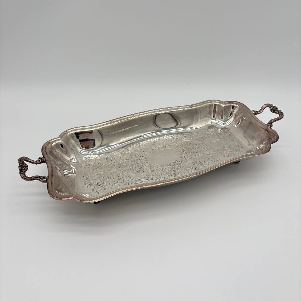 Vintage Sheridan Silverplate Footed Tray 11" Ornate Patina Vanity Serving